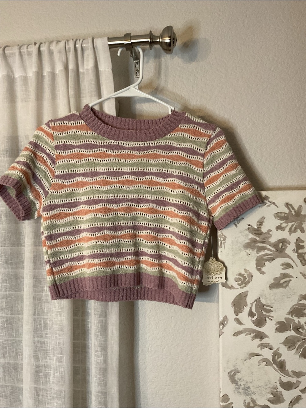 Altar'd State Cropped Openwork Stripe Sweater in Mauve, Cream, Peach, Mint
